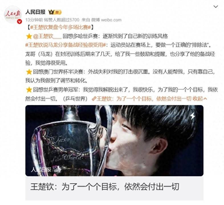 王楚钦谈世界杯输雨果:每次回想起巴西国旗升起的画面,就很痛苦